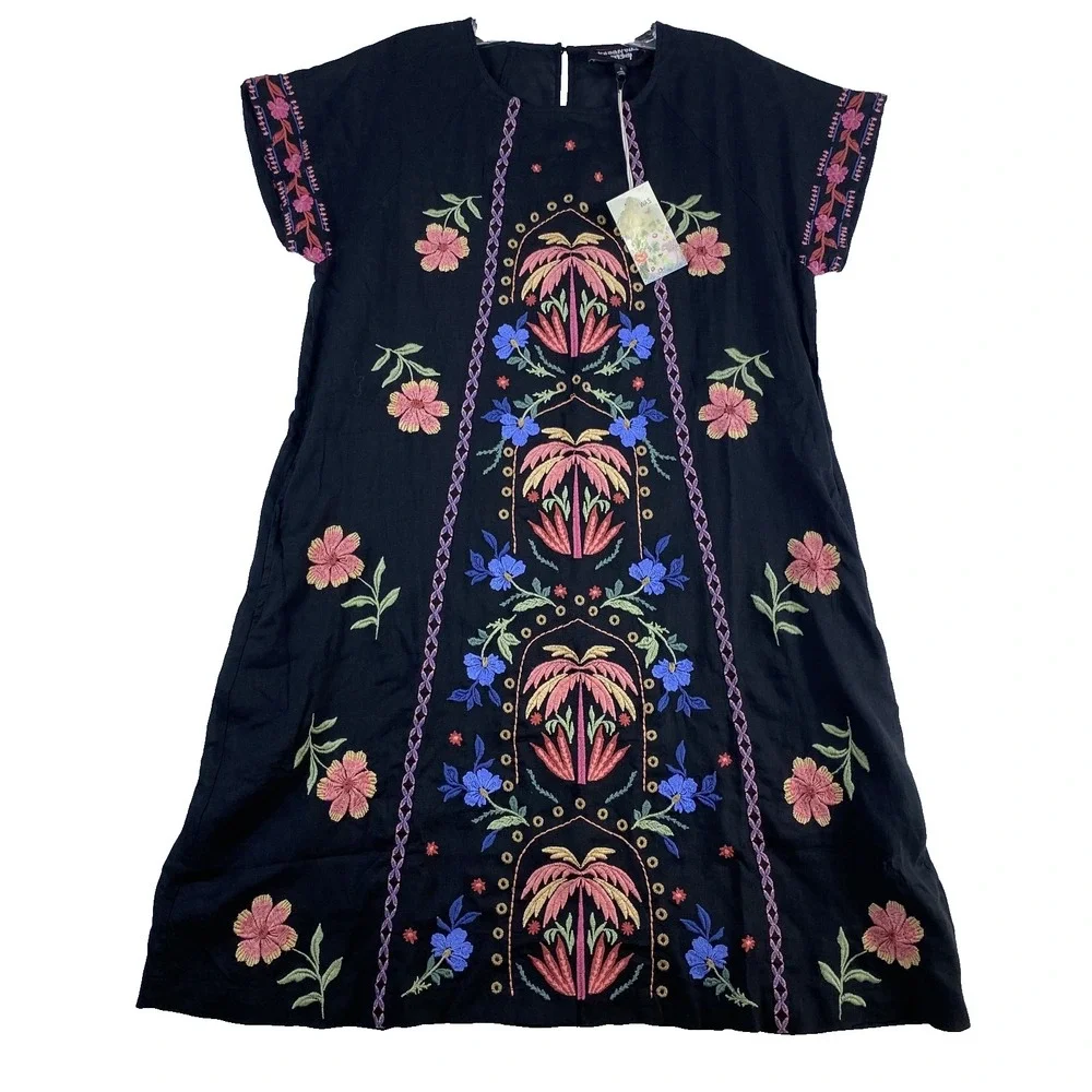 NWT Johnny Was Mini Dress Sz S Black Embroidered Floral Boho Gauzy MSRP $340 - Picture 2 of 16